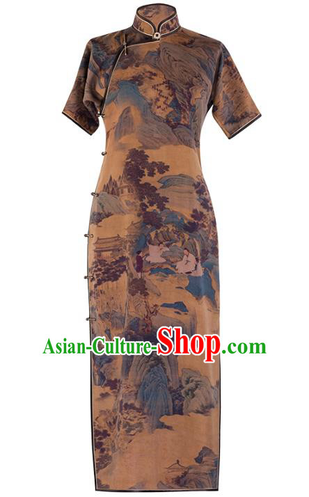 Chinese Traditional Qipao Dress National Women Classical Costume Ginger Silk Cheongsam Chinese Traditional Qipao Dress National Women Classical Costume Ginger Silk Cheongsam