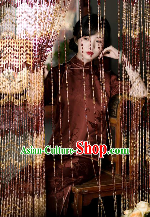 Chinese Traditional Peony Pattern Dark Red Qipao Dress National Women Costume Classical Silk Cheongsam Chinese Traditional Peony Pattern Dark Red Qipao Dress National Women Costume Classical Silk Cheongsam