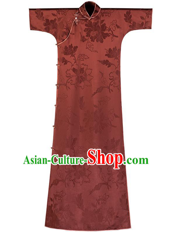 Chinese Traditional Peony Pattern Dark Red Qipao Dress National Women Costume Classical Silk Cheongsam Chinese Traditional Peony Pattern Dark Red Qipao Dress National Women Costume Classical Silk Cheongsam