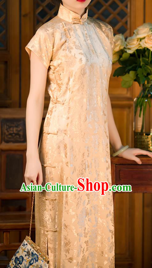 Chinese Classical Champagne Silk Cheongsam Traditional Chrysanthemum Pattern Qipao Dress National Women Costume