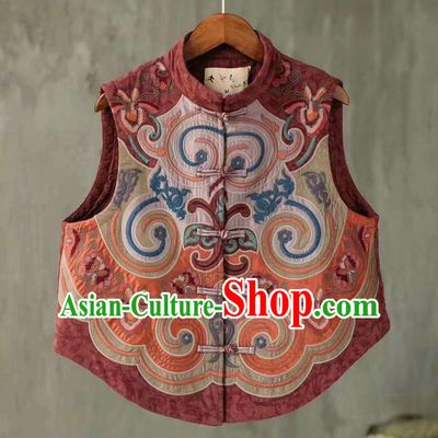 China National Embroidered Purplish Red Waistcoat Women Flax Vest Traditional Tang Suit Upper Outer Garment Clothing