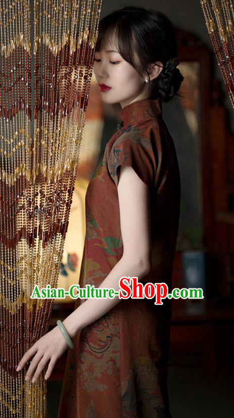 Chinese Traditional Qipao Costume Classical Goddess Pattern Dark Red Silk Cheongsam National Women Dress Chinese Traditional Qipao Costume Classical Goddess Pattern Dark Red Silk Cheongsam National Women Dress
