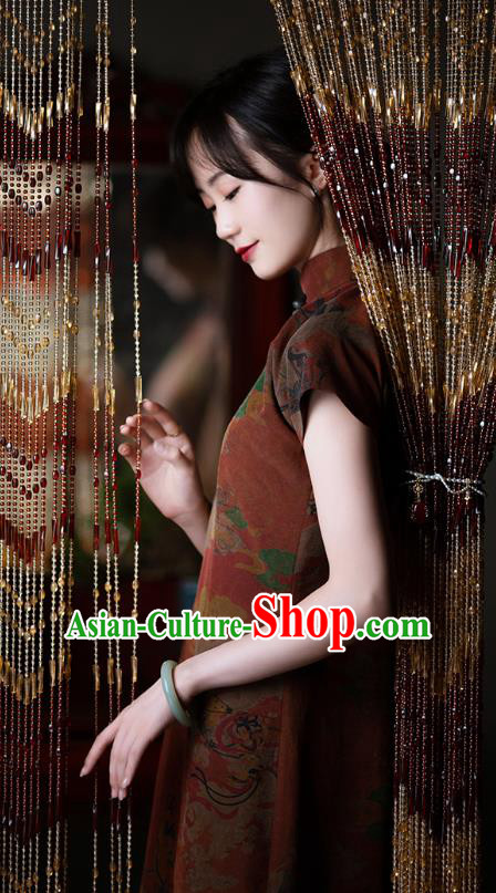 Chinese Traditional Qipao Costume Classical Goddess Pattern Dark Red Silk Cheongsam National Women Dress Chinese Traditional Qipao Costume Classical Goddess Pattern Dark Red Silk Cheongsam National Women Dress