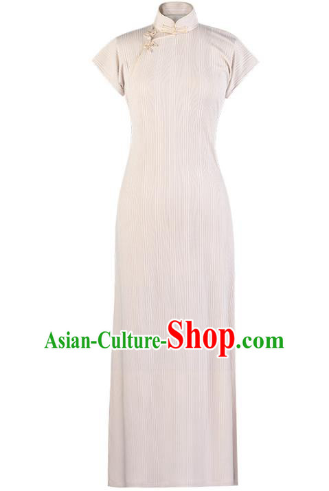 Chinese Classical Beige Long Qipao Dress Traditional National Women Cheongsam Costume Chinese Classical Beige Long Qipao Dress Traditional National Women Cheongsam Costume