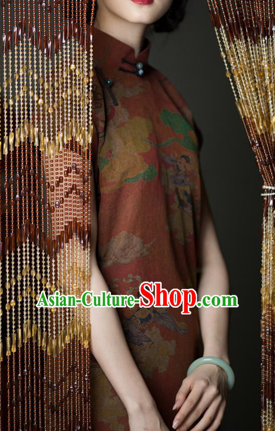 Chinese Traditional Qipao Costume Classical Goddess Pattern Dark Red Silk Cheongsam National Women Dress Chinese Traditional Qipao Costume Classical Goddess Pattern Dark Red Silk Cheongsam National Women Dress
