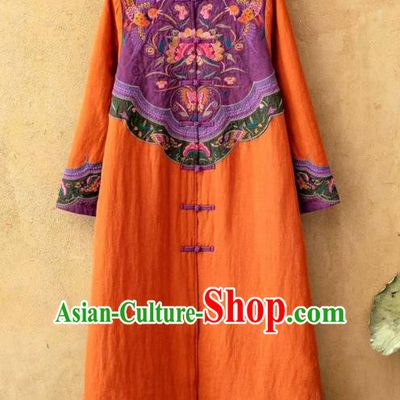 China Tang Suit Women Overcoat National Embroidered Orange Flax Dust Coat Traditional Winter Costume