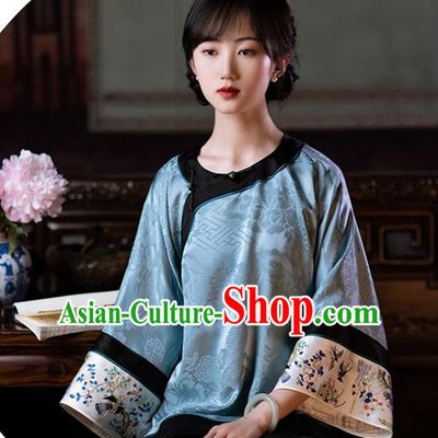 Chinese Embroidered Shirt Tang Suit Upper Outer Garment Traditional Classical Blue Silk Blouse for Women