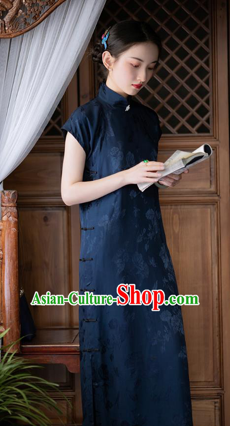Chinese Traditional Women Navy Satin Cheongsam National Costume Classical Silk Qipao Dress Chinese Traditional Women Navy Satin Cheongsam National Costume Classical Silk Qipao Dress