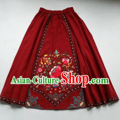 Chinese Retro Dark Red Skirt Traditional Women Clothing National Embroidered Peony Bust Skirt