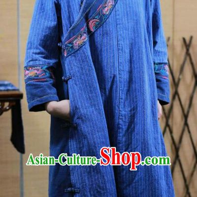 Chinese Retro Embroidered Blue Qipao Dress Traditional Women Clothing National Corduroy Cheongsam