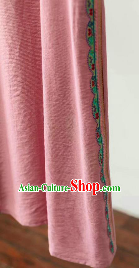 Chinese Traditional Embroidered Clothing National Pink Flax Qipao Dress Women Slant Opening Cheongsam Chinese Traditional Embroidered Clothing National Pink Flax Qipao Dress Women Slant Opening Cheongsam