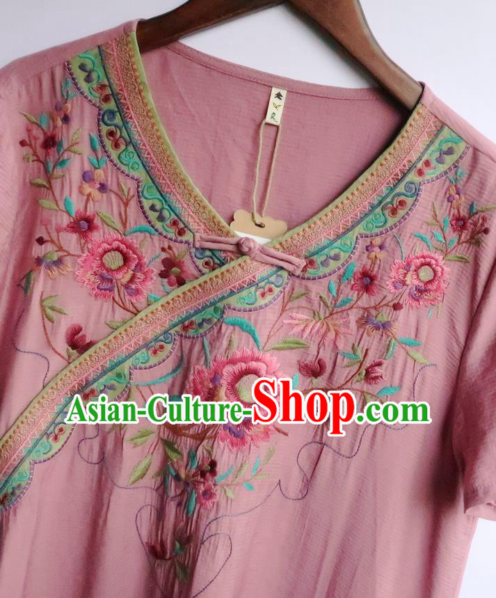 Chinese Traditional Embroidered Clothing National Pink Flax Qipao Dress Women Slant Opening Cheongsam Chinese Traditional Embroidered Clothing National Pink Flax Qipao Dress Women Slant Opening Cheongsam