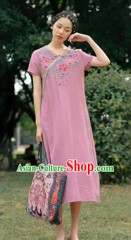 Chinese Traditional Embroidered Clothing National Pink Flax Qipao Dress Women Slant Opening Cheongsam Chinese Traditional Embroidered Clothing National Pink Flax Qipao Dress Women Slant Opening Cheongsam