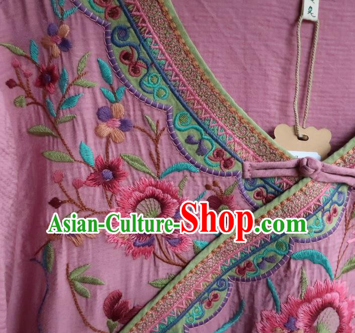 Chinese Traditional Embroidered Clothing National Pink Flax Qipao Dress Women Slant Opening Cheongsam Chinese Traditional Embroidered Clothing National Pink Flax Qipao Dress Women Slant Opening Cheongsam