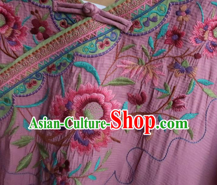 Chinese Traditional Embroidered Clothing National Pink Flax Qipao Dress Women Slant Opening Cheongsam Chinese Traditional Embroidered Clothing National Pink Flax Qipao Dress Women Slant Opening Cheongsam