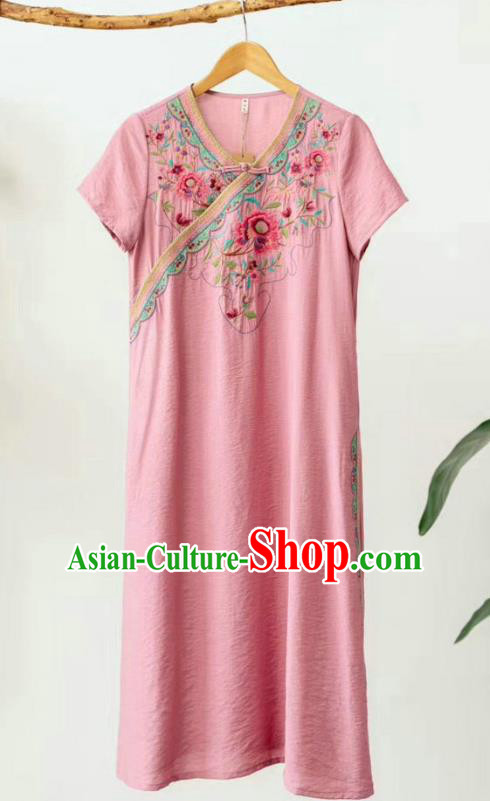 Chinese Traditional Embroidered Clothing National Pink Flax Qipao Dress Women Slant Opening Cheongsam Chinese Traditional Embroidered Clothing National Pink Flax Qipao Dress Women Slant Opening Cheongsam