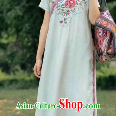 Chinese National White Flax Qipao Dress Women Slant Opening Cheongsam Traditional Embroidered Clothing