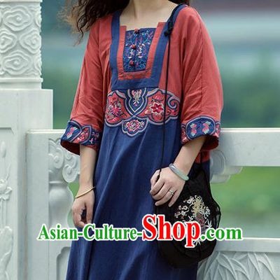 Chinese National Navy Flax Dress Women Traditional Embroidered Robe Clothing