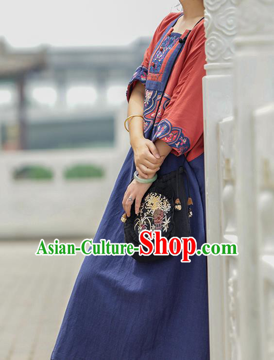 Chinese National Navy Flax Dress Women Traditional Embroidered Robe Clothing