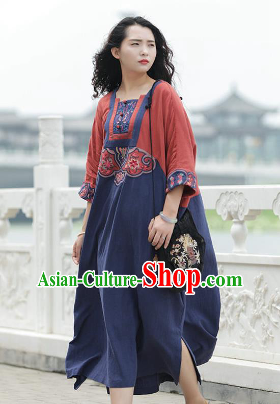 Chinese National Navy Flax Dress Women Traditional Embroidered Robe Clothing