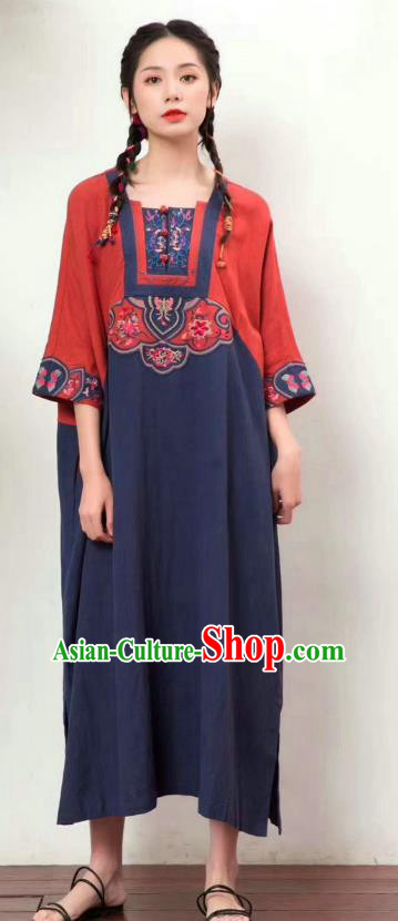 Chinese National Navy Flax Dress Women Traditional Embroidered Robe Clothing