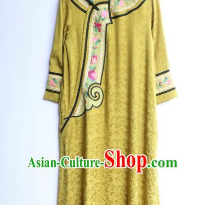 Chinese Women Traditional Embroidered Classical Cheongsam Clothing National Yellow Qipao Dress