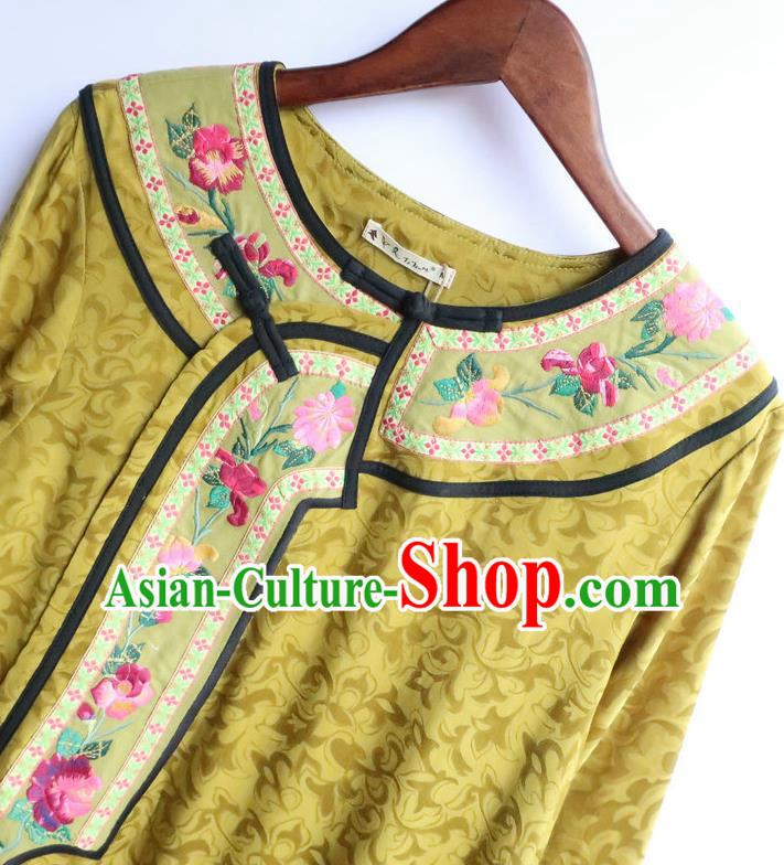 Chinese Women Traditional Embroidered Classical Cheongsam Clothing National Yellow Qipao Dress Chinese Women Traditional Embroidered Classical Cheongsam Clothing National Yellow Qipao Dress