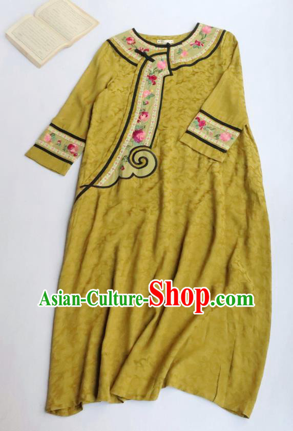 Chinese Women Traditional Embroidered Classical Cheongsam Clothing National Yellow Qipao Dress Chinese Women Traditional Embroidered Classical Cheongsam Clothing National Yellow Qipao Dress