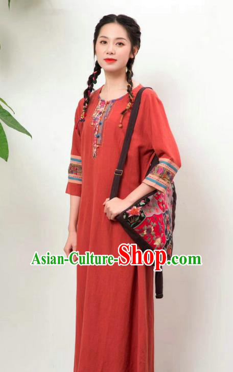 Chinese Women Traditional Clothing National Embroidered Red Flax Dress Chinese Women Traditional Clothing National Embroidered Red Flax Dress