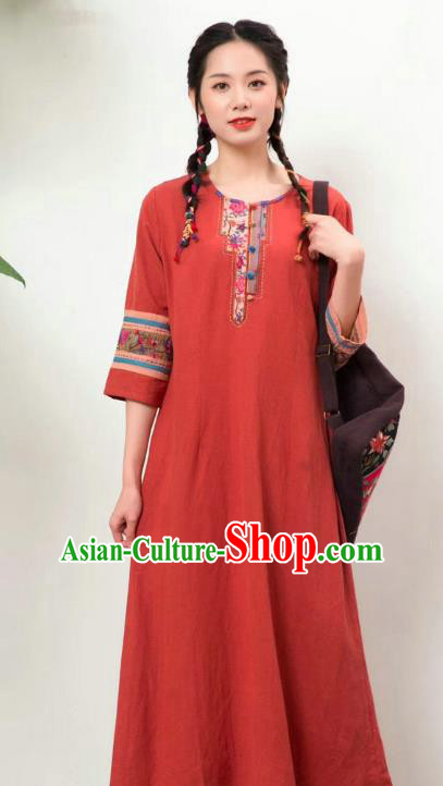 Chinese Women Traditional Clothing National Embroidered Red Flax Dress Chinese Women Traditional Clothing National Embroidered Red Flax Dress
