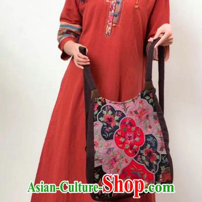 Chinese Women Traditional Clothing National Embroidered Red Flax Dress