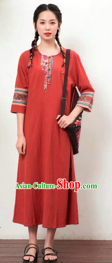 Chinese Women Traditional Clothing National Embroidered Red Flax Dress Chinese Women Traditional Clothing National Embroidered Red Flax Dress