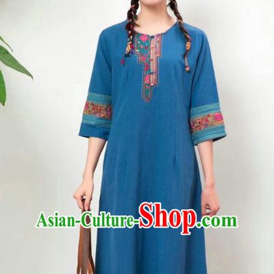 Chinese National Embroidered Costume Women Traditional Clothing Blue Flax Dress