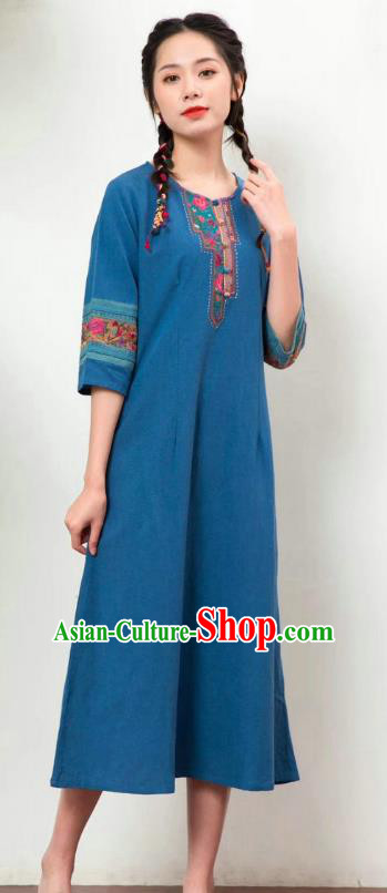 Chinese National Embroidered Costume Women Traditional Clothing Blue Flax Dress Chinese National Embroidered Costume Women Traditional Clothing Blue Flax Dress