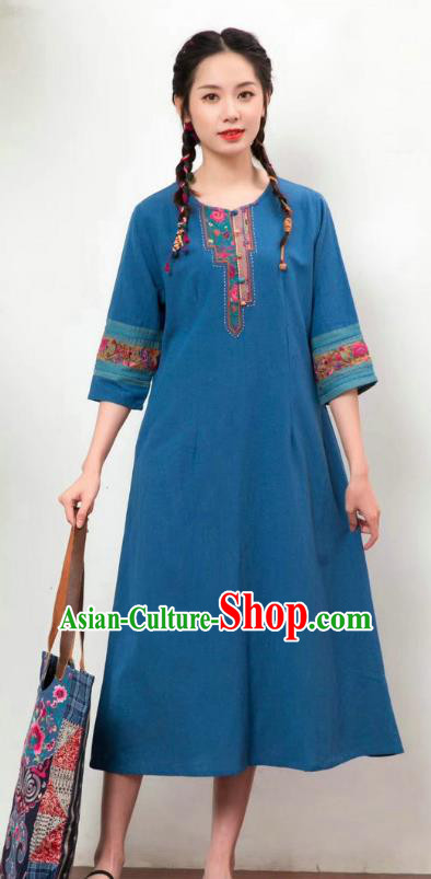 Chinese National Embroidered Costume Women Traditional Clothing Blue Flax Dress Chinese National Embroidered Costume Women Traditional Clothing Blue Flax Dress