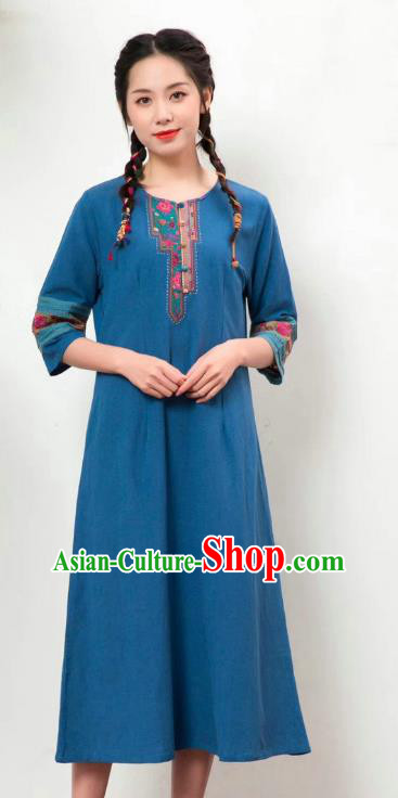 Chinese National Embroidered Costume Women Traditional Clothing Blue Flax Dress Chinese National Embroidered Costume Women Traditional Clothing Blue Flax Dress