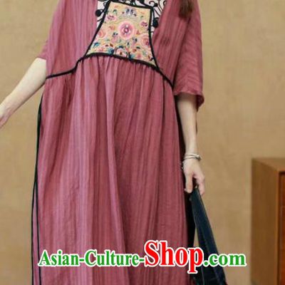 Chinese National Dark Red Flax Dress Embroidered Costume Women Traditional Clothing