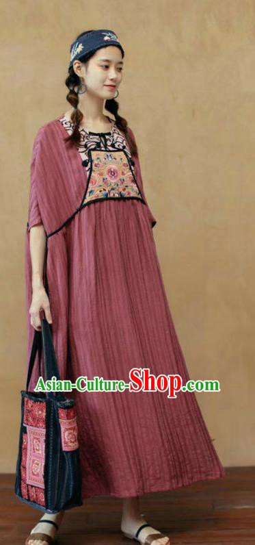 Chinese National Dark Red Flax Dress Embroidered Costume Women Traditional Clothing Chinese National Dark Red Flax Dress Embroidered Costume Women Traditional Clothing
