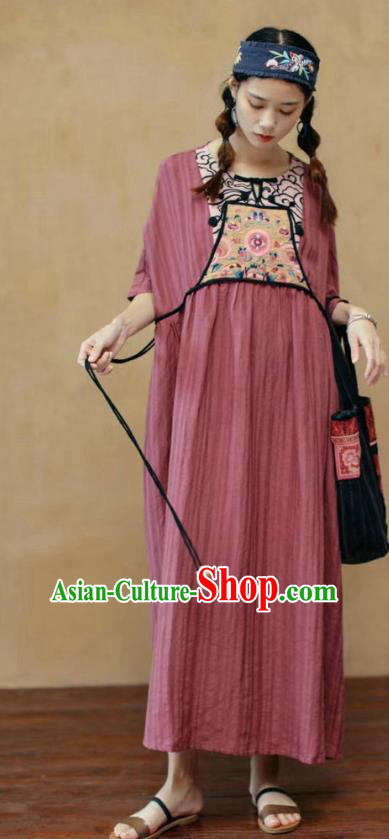 Chinese National Dark Red Flax Dress Embroidered Costume Women Traditional Clothing Chinese National Dark Red Flax Dress Embroidered Costume Women Traditional Clothing