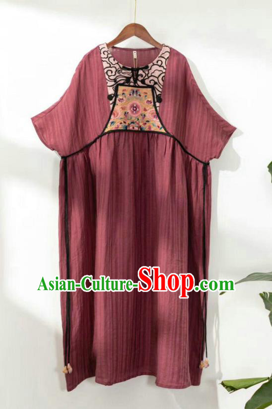 Chinese National Dark Red Flax Dress Embroidered Costume Women Traditional Clothing Chinese National Dark Red Flax Dress Embroidered Costume Women Traditional Clothing