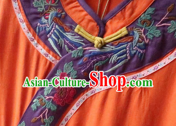Chinese National Orange Flax Qipao Dress Embroidered Costume Women Traditional Cheongsam Clothing Chinese National Orange Flax Qipao Dress Embroidered Costume Women Traditional Cheongsam Clothing