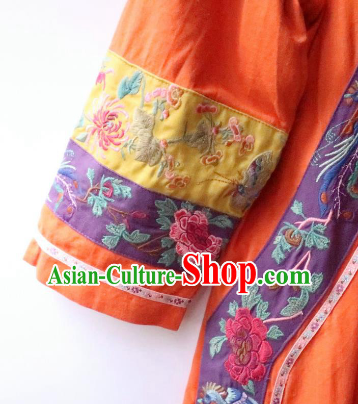 Chinese National Orange Flax Qipao Dress Embroidered Costume Women Traditional Cheongsam Clothing Chinese National Orange Flax Qipao Dress Embroidered Costume Women Traditional Cheongsam Clothing