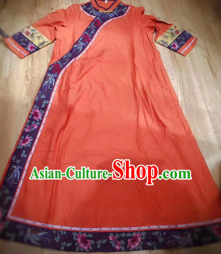 Chinese National Orange Flax Qipao Dress Embroidered Costume Women Traditional Cheongsam Clothing Chinese National Orange Flax Qipao Dress Embroidered Costume Women Traditional Cheongsam Clothing