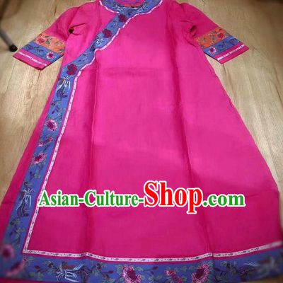 Chinese Women Traditional Cheongsam Clothing National Rosy Flax Qipao Dress Embroidered Costume