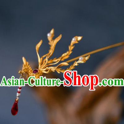 China Ming Dynasty Hair Accessories Handmade Ancient Golden Phoenix Tassel Hairpin