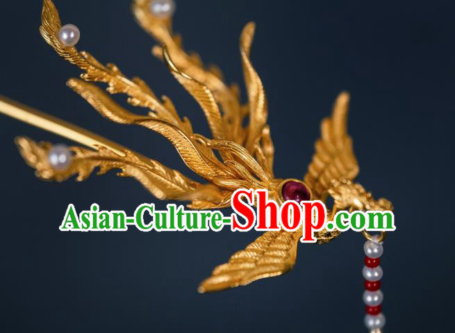 China Ming Dynasty Hair Accessories Handmade Ancient Golden Phoenix Tassel Hairpin China Ming Dynasty Hair Accessories Handmade Ancient Golden Phoenix Tassel Hairpin