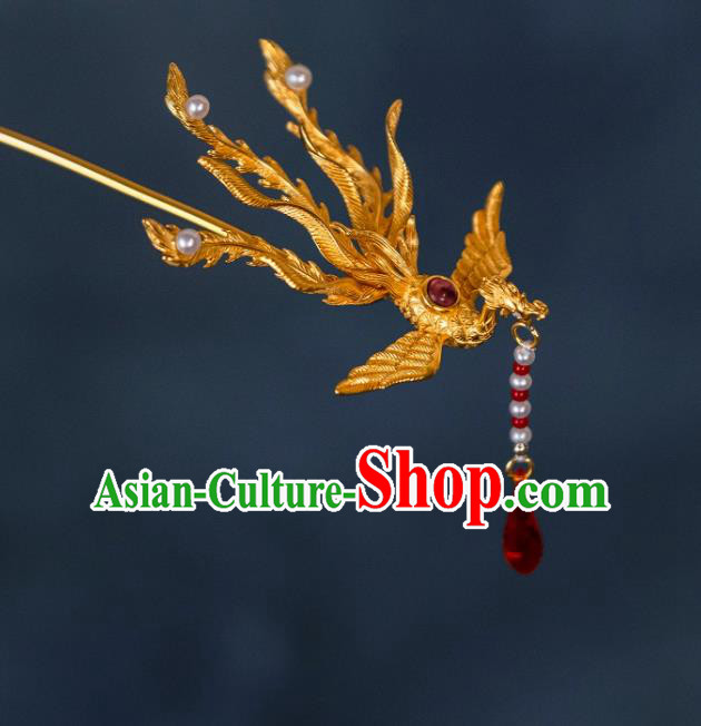 China Ming Dynasty Hair Accessories Handmade Ancient Golden Phoenix Tassel Hairpin China Ming Dynasty Hair Accessories Handmade Ancient Golden Phoenix Tassel Hairpin
