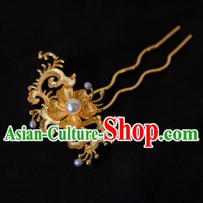 China Handmade Ancient Golden Fissidens Flower Hairpin Ming Dynasty Hair Accessories