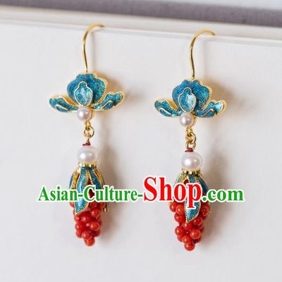 China Traditional Qing Dynasty Court Women Red Beads Grape Earrings Imperial Palace Enamel Ear Jewelry