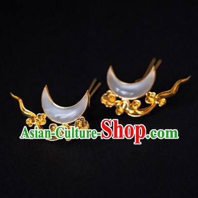 China Ming Dynasty Opal Moon Hair Accessories Ancient Palace Empress Gilding Hairpins Hair Claws